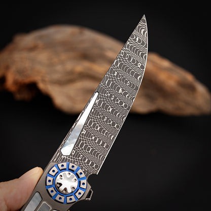 Custom Liner Lock Pocket Knife Forged Damascus Steel Inlaid with Mother of Pearl