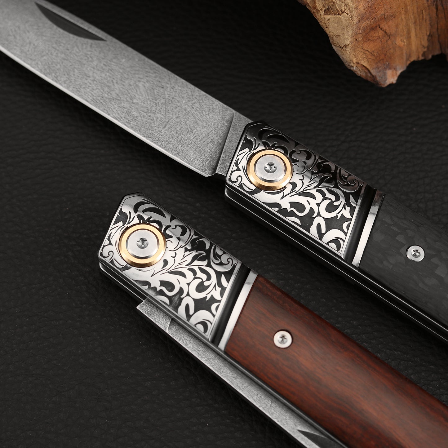 3.5 Incn Slip Joint Pocket Knife Wootz Steel, Ironwood & Carbon Fiber