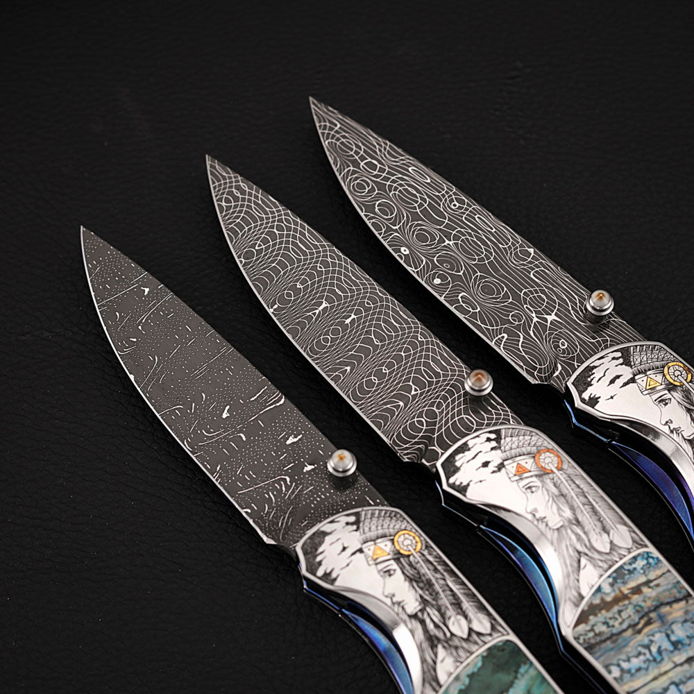 Hand-engraved Folding Knife Damascus Steel, Mammoth Tusks