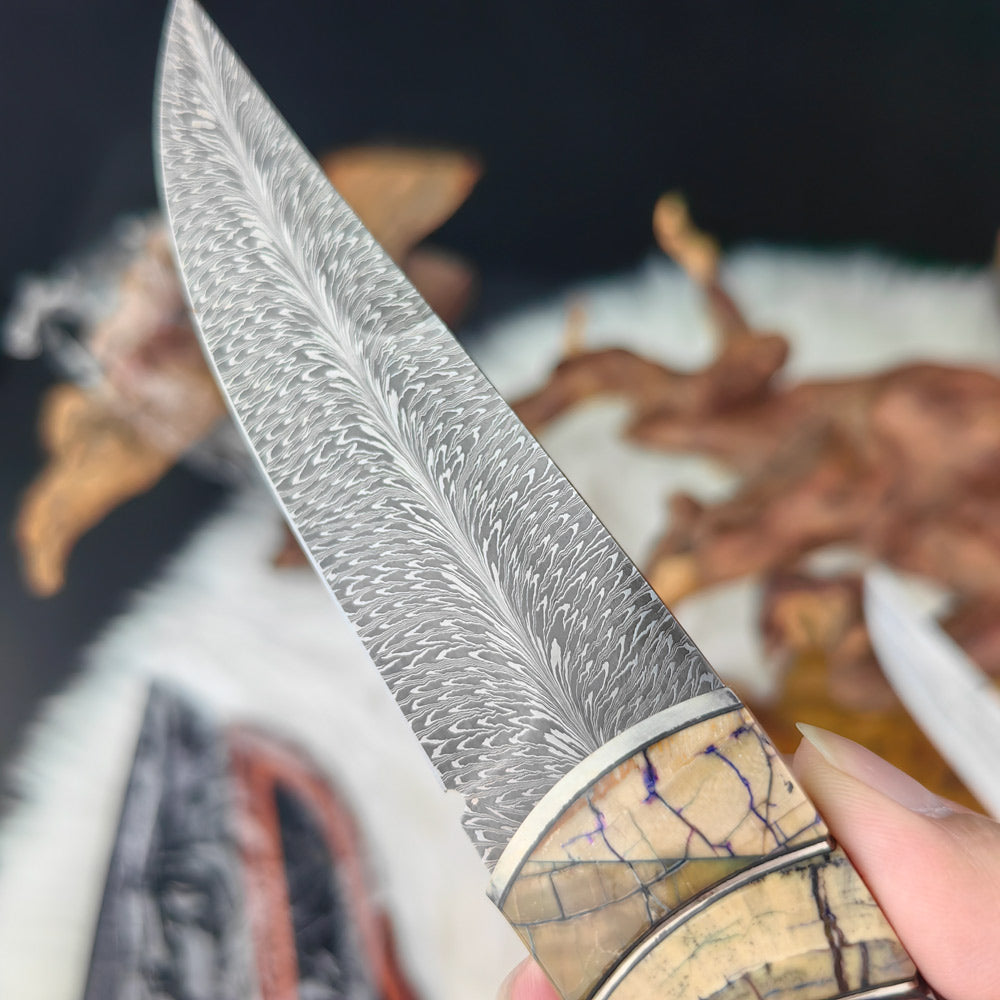 Feather Damascus Puukko Knife with Mammoth Tusks