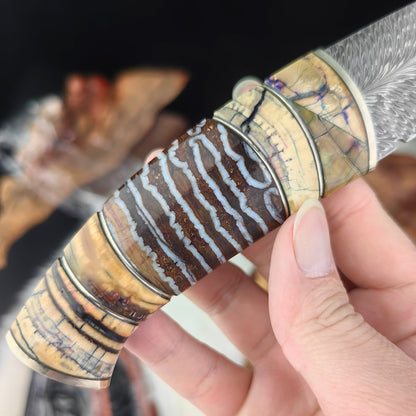 Feather Damascus Puukko Knife with Mammoth Tusks