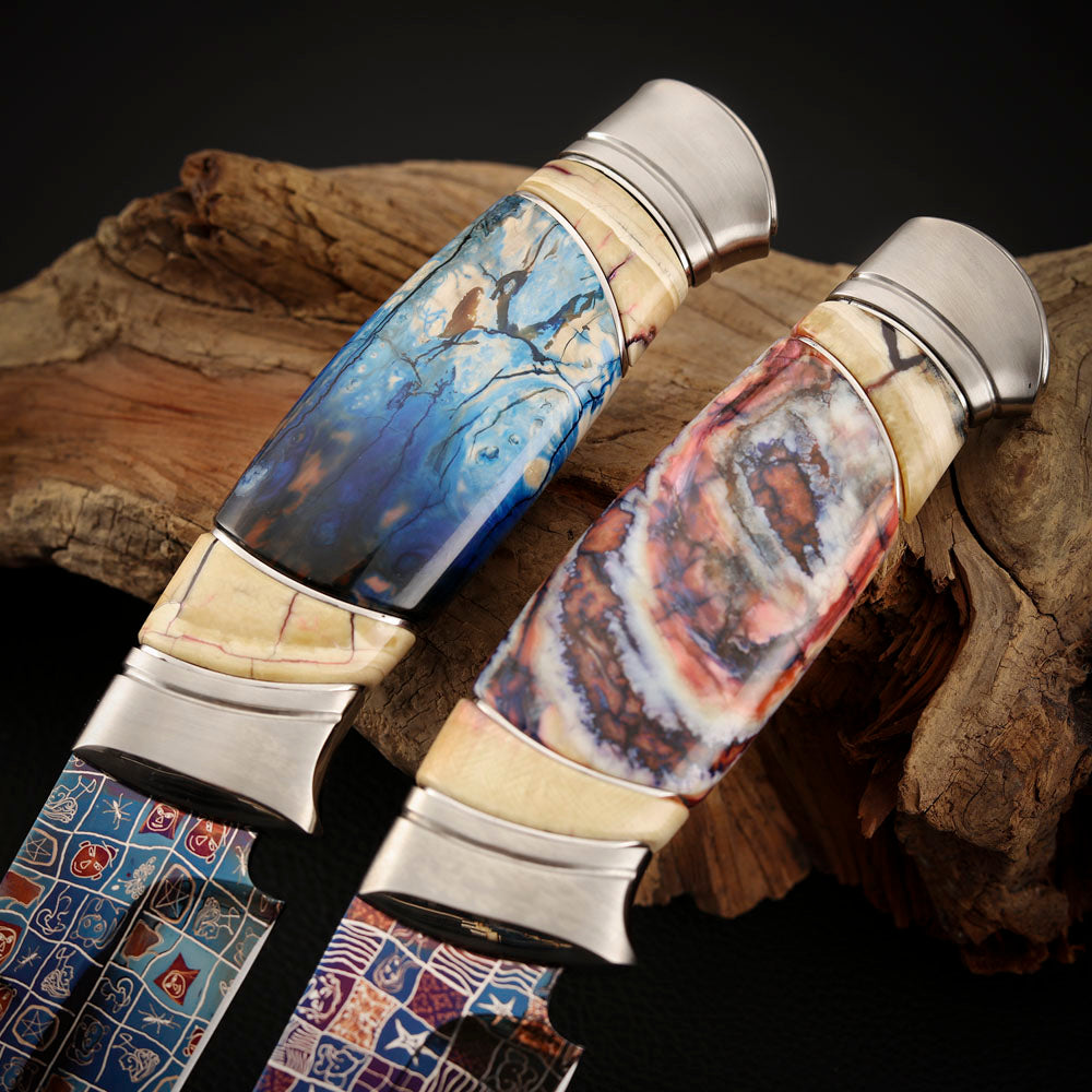 Custom Knives Mosaic Damascus Bluing Heating Leather Sheath