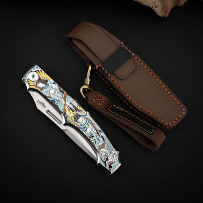 Anubis Pocket Knife Titanium 3D Coloured Sculpting - Vanax Steel