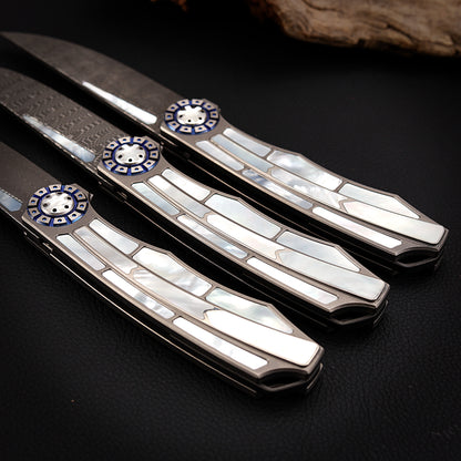 Custom Liner Lock Pocket Knife Forged Damascus Steel Inlaid with Mother of Pearl