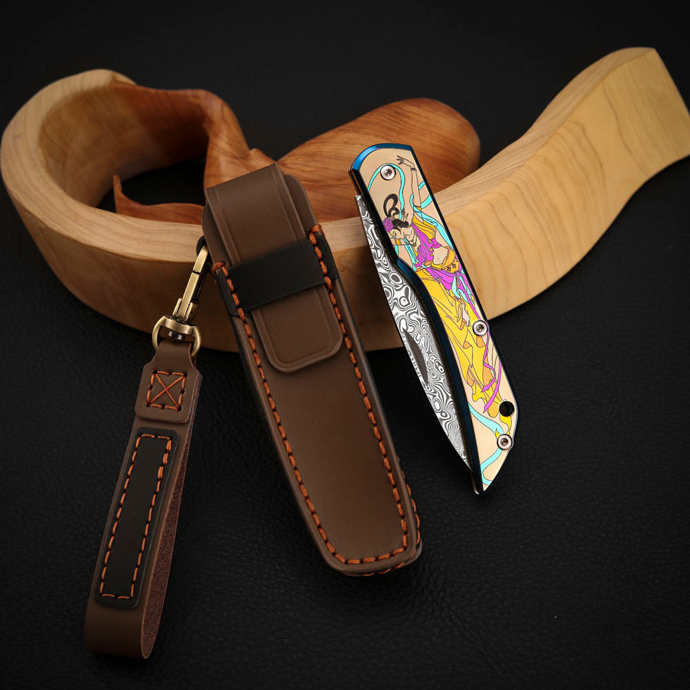 Color Engraving Pocket Knife in Damascus Steel, Titanium