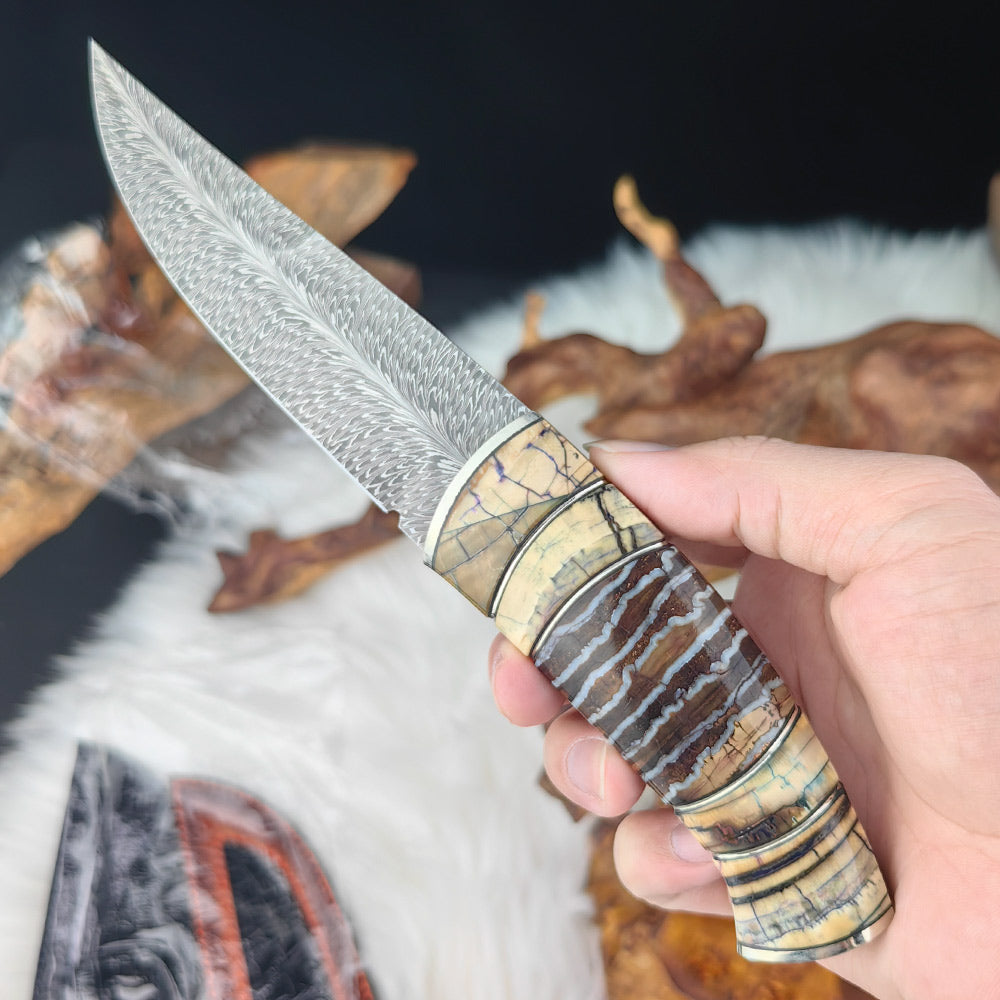 Feather Damascus Puukko Knife with Mammoth Tusks