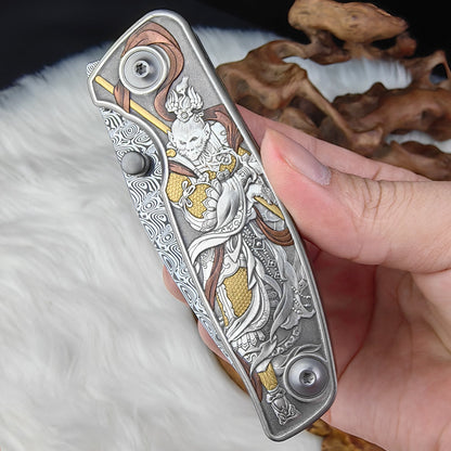 WUKONG Hand-engraved Pocketknife with 24K Gold Inlays and Damasteel Blade