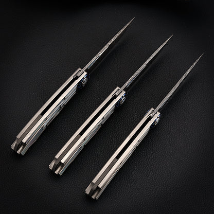 Custom Liner Lock Pocket Knife Forged Damascus Steel Inlaid with Mother of Pearl