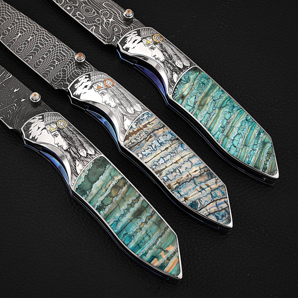 Hand-engraved Folding Knife Damascus Steel, Mammoth Tusks