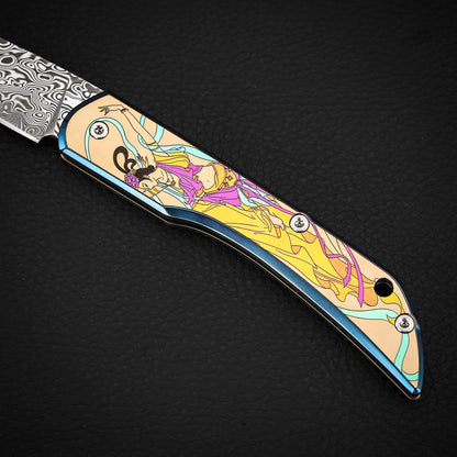 Color Engraving Pocket Knife in Damascus Steel, Titanium