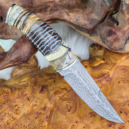 Feather Damascus Puukko Knife with Mammoth Tusks