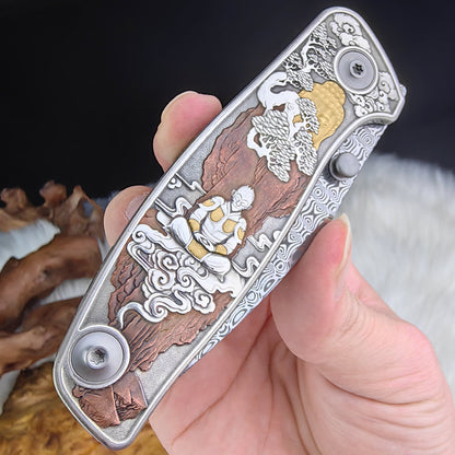 WUKONG Hand-engraved Pocketknife with 24K Gold Inlays and Damasteel Blade