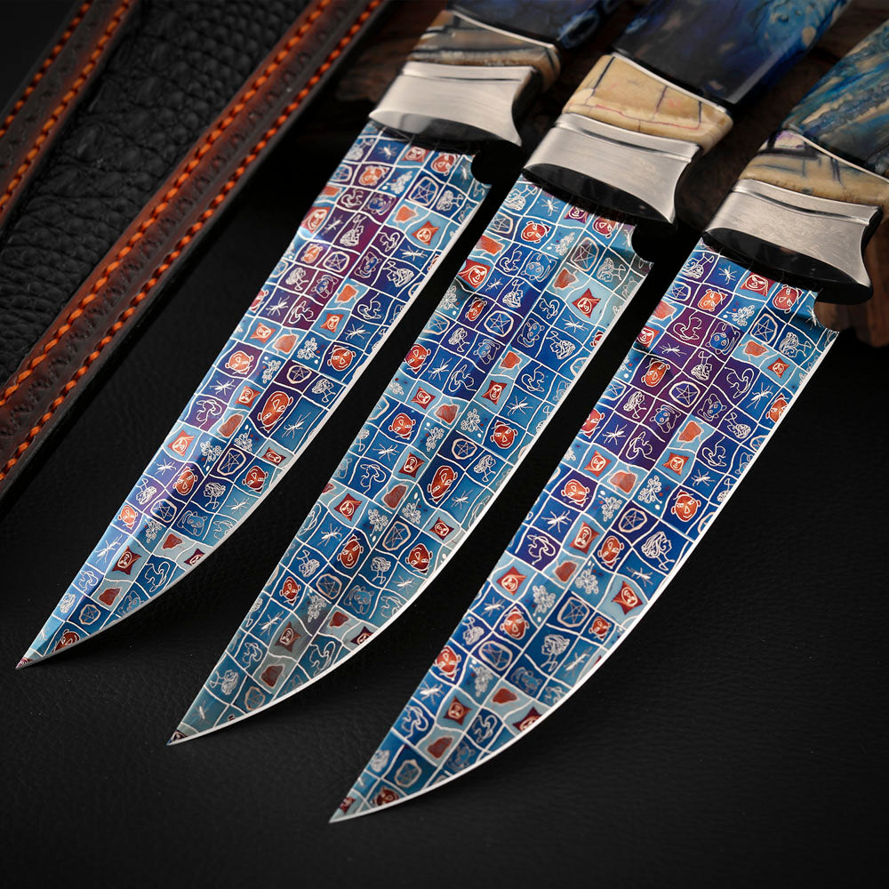 Custom Knives Mosaic Damascus Bluing Heating Leather Sheath