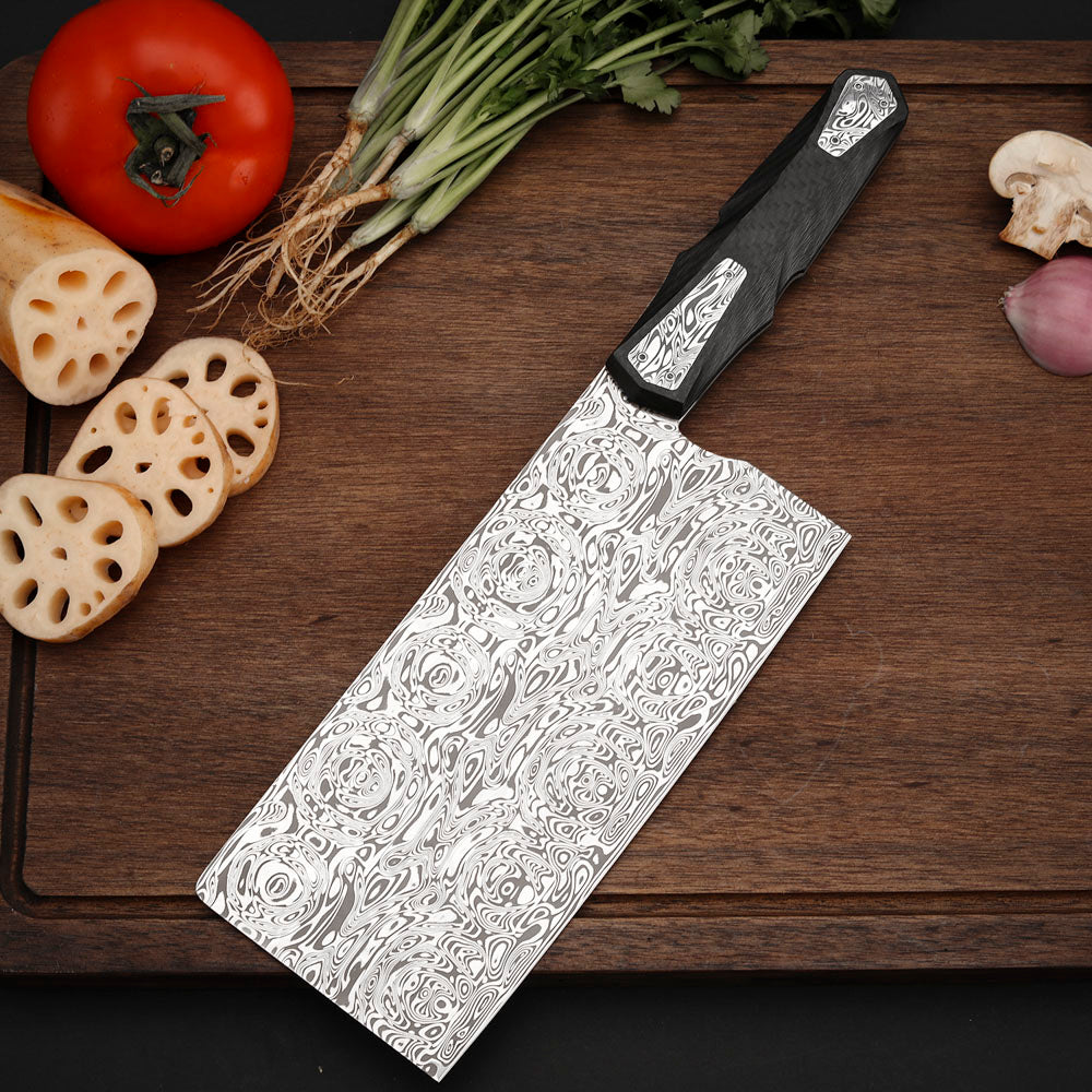7.4" Cleaver Knife in Damasteel with Carbon Fiber