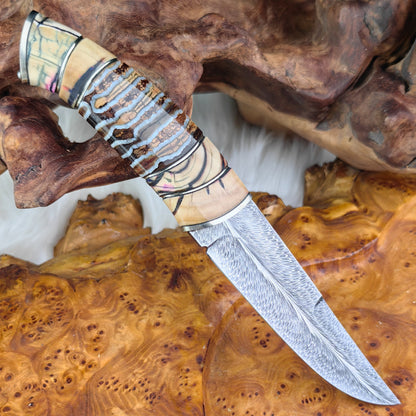 Feather Damascus Puukko Knife with Mammoth Tusks