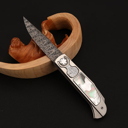 Custom Button Lock Folding Knife Forged Damascus Steel