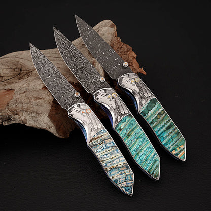 Hand-engraved Folding Knife Damascus Steel, Mammoth Tusks