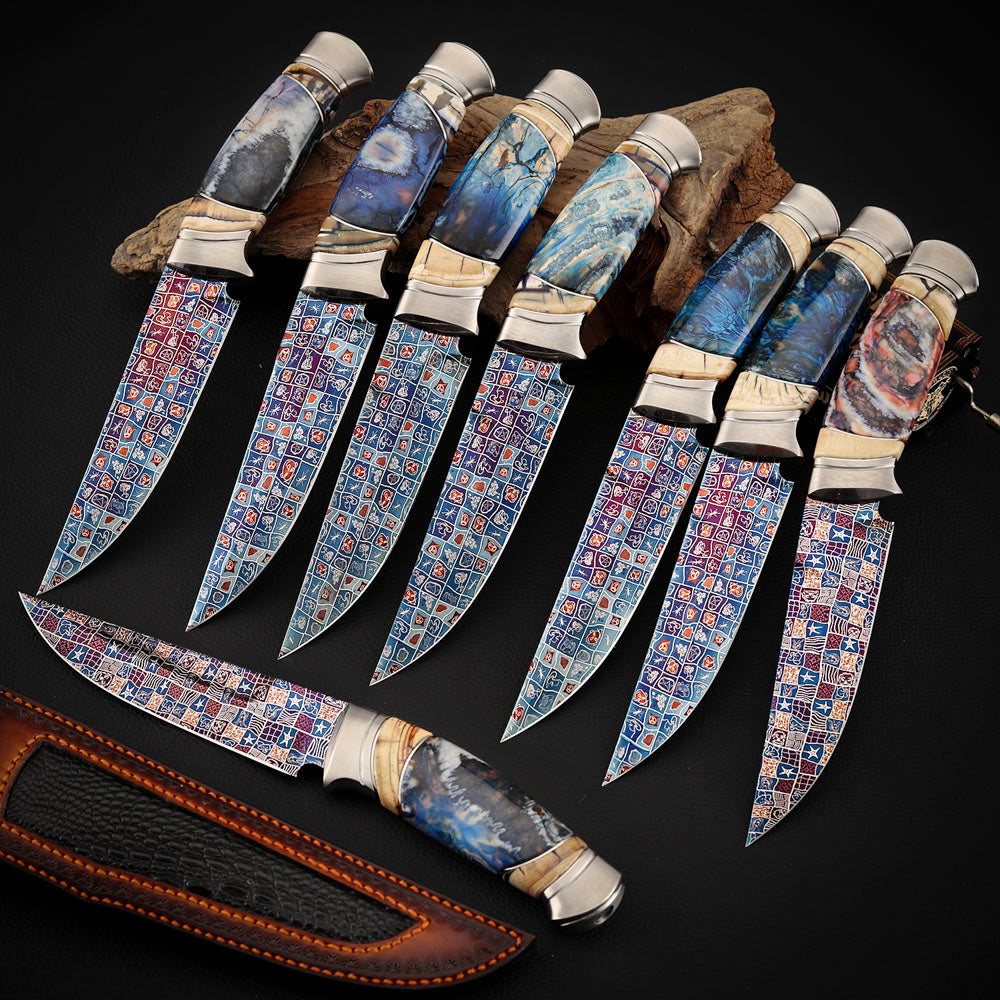 Custom Knives Mosaic Damascus Bluing Heating Leather Sheath
