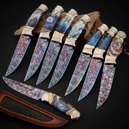 Custom Knives Mosaic Damascus Bluing Heating Leather Sheath