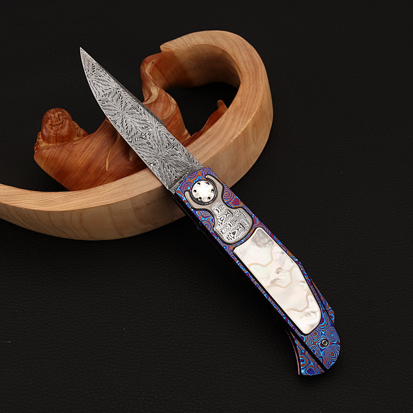 Custom Button Lock Folding Knife Forged Damascus Steel