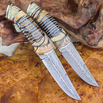 Feather Damascus Puukko Knife with Mammoth Tusks