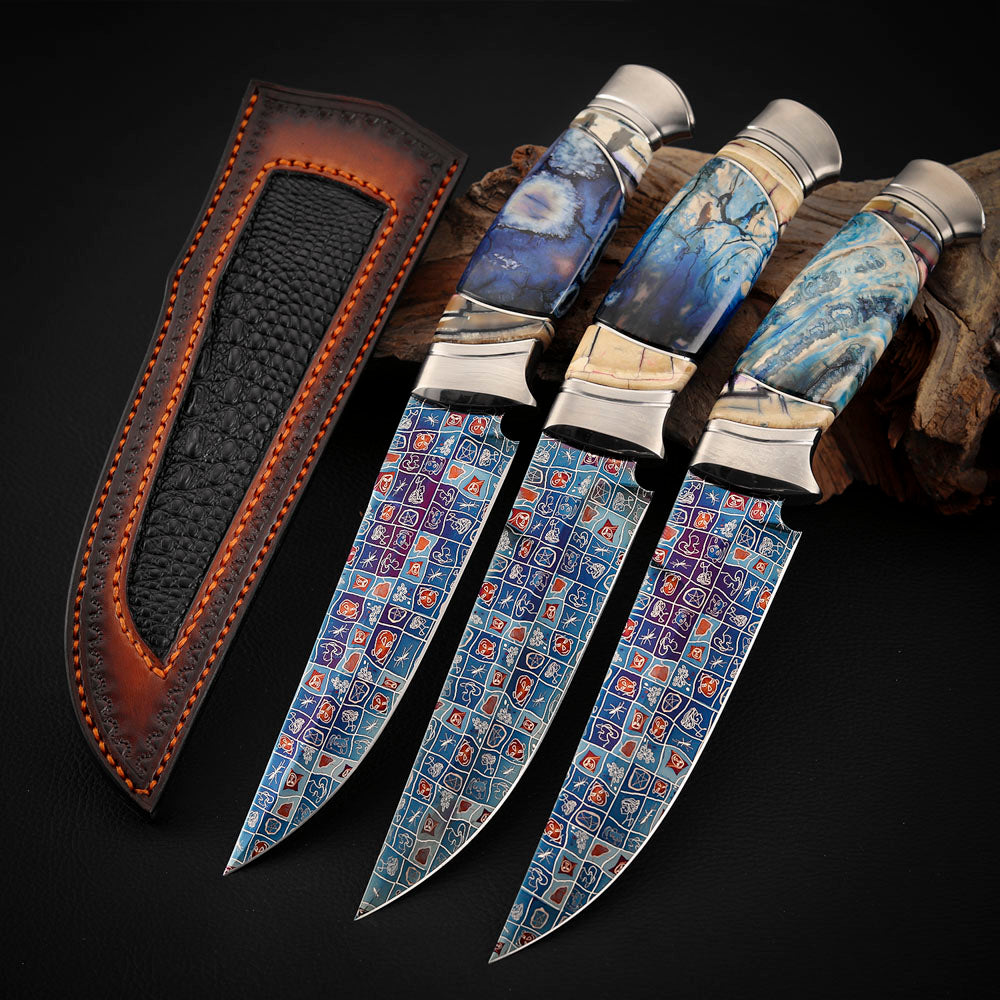 Custom Knives Mosaic Damascus Bluing Heating Leather Sheath