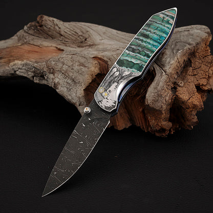 Hand-engraved Folding Knife Damascus Steel, Mammoth Tusks