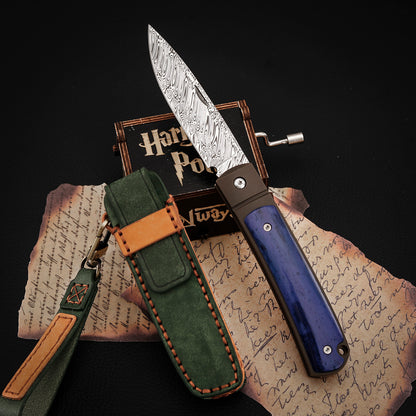 Custom Drop Point Pocket Knife in Damasteel, Blue