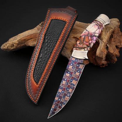 Custom Hunting Knife Mosaic Damascus Bluing Heat Treatment