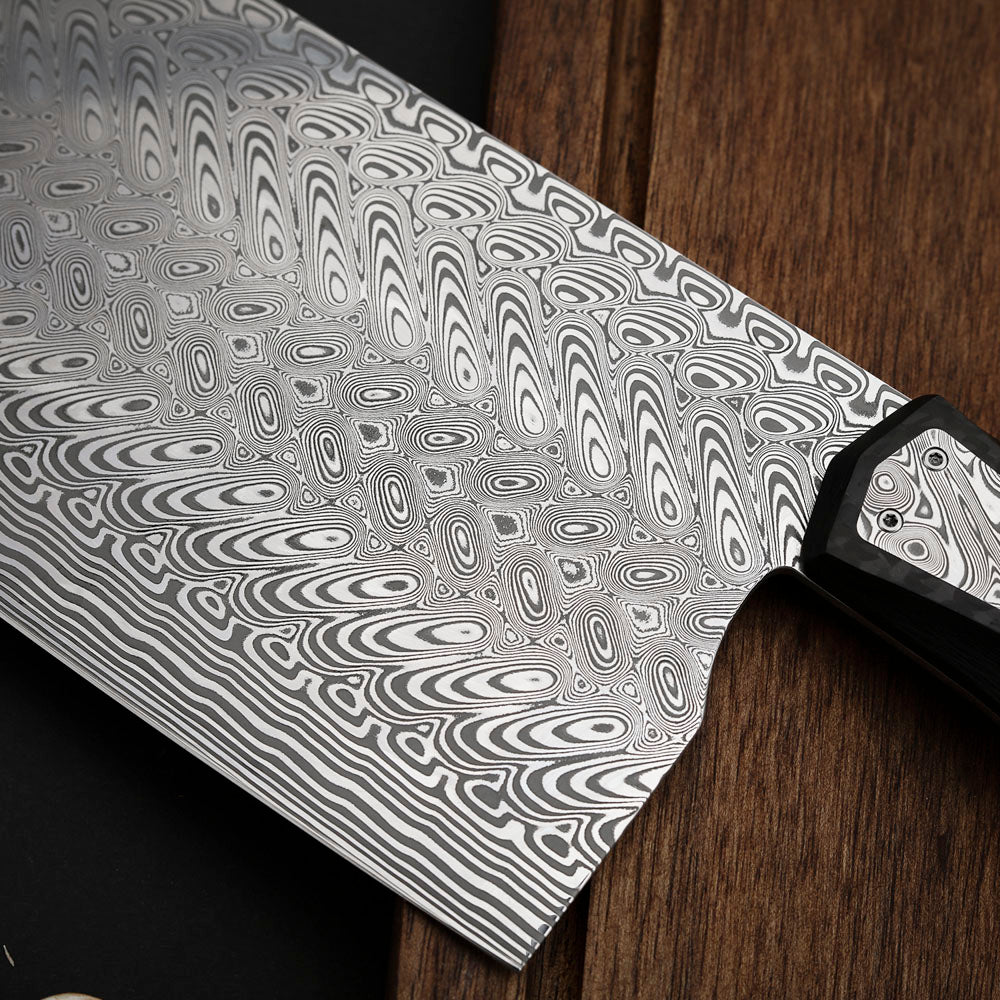 7.4" Cleaver Knife in Damasteel with Carbon Fiber