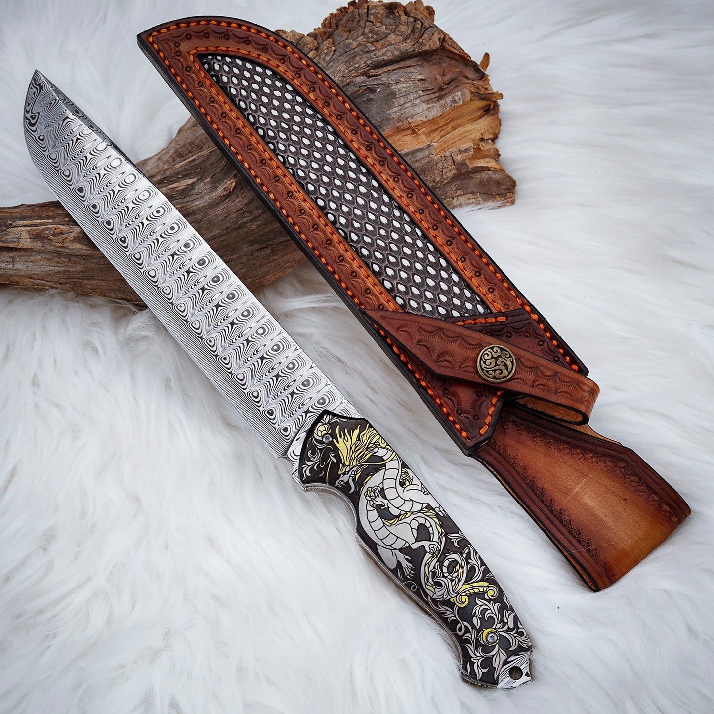 Custom 7.3 Inch Fixed Blade Knife Damasteel Color Titanium Carving