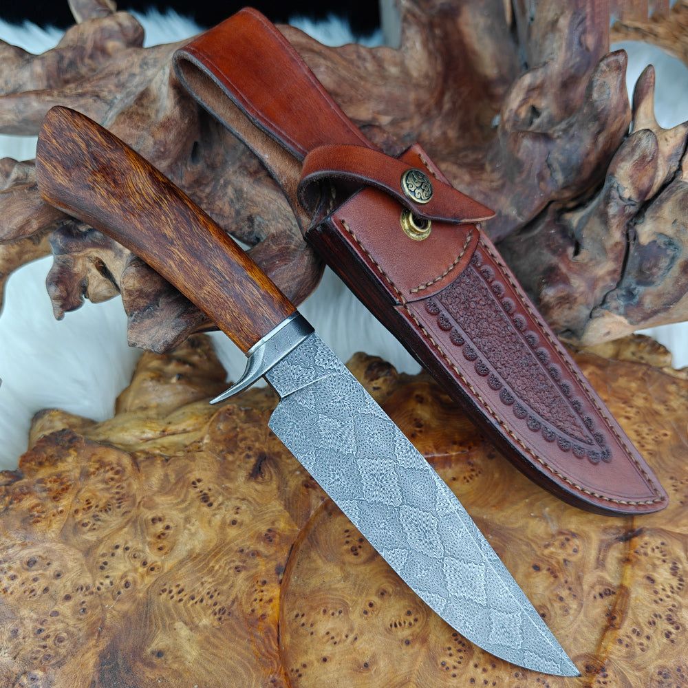 Spider-print Damascus Steel Hunting Knife with Antler