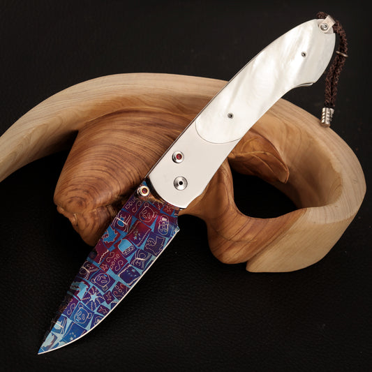 Custom Button Lock Knife Mosaic Damascus Steel