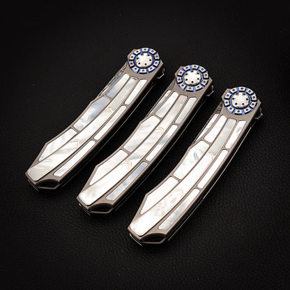 Custom Liner Lock Pocket Knife Forged Damascus Steel Inlaid with Mother of Pearl