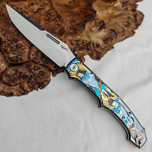 Anubis Pocket Knife Titanium 3D Coloured Sculpting - Vanax Steel