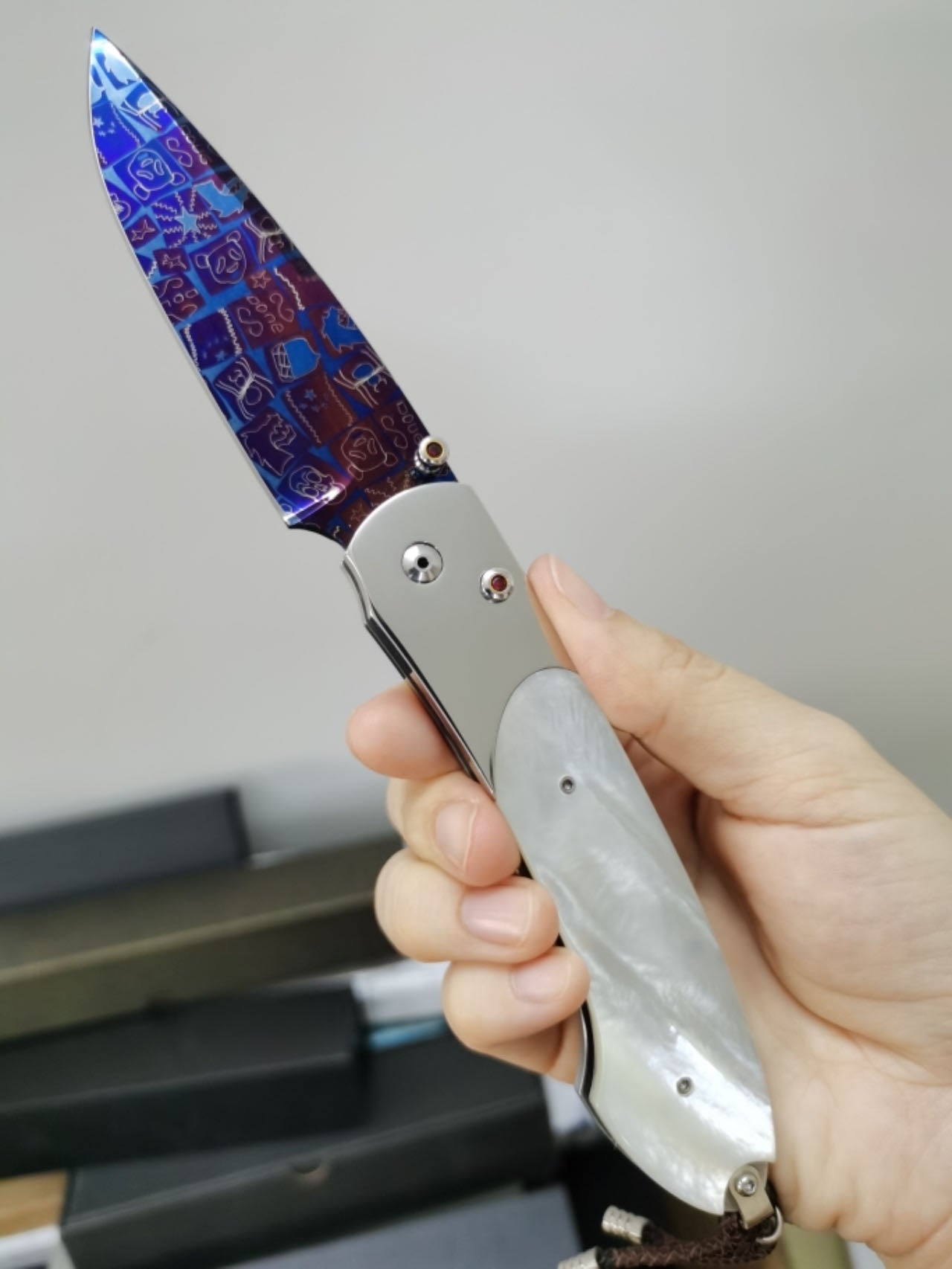 Custom Button Lock Folder in Mosaic Damascus with Mother of Pearl