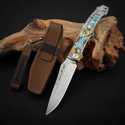 Anubis Pocket Knife Titanium 3D Coloured Sculpting - Vanax Steel
