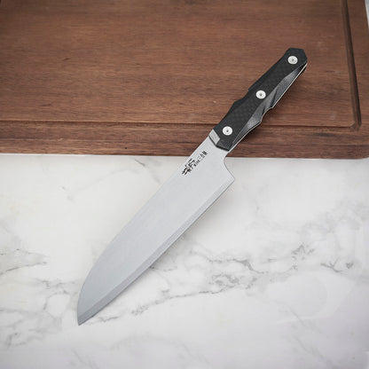 7 Inch Chef's Santoku Knife, M390 San Mai Steel, Carbon Fiber Handle