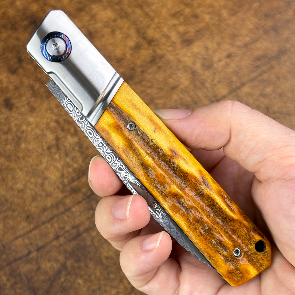 Pocket Knife in Damasteel with Buckhorn