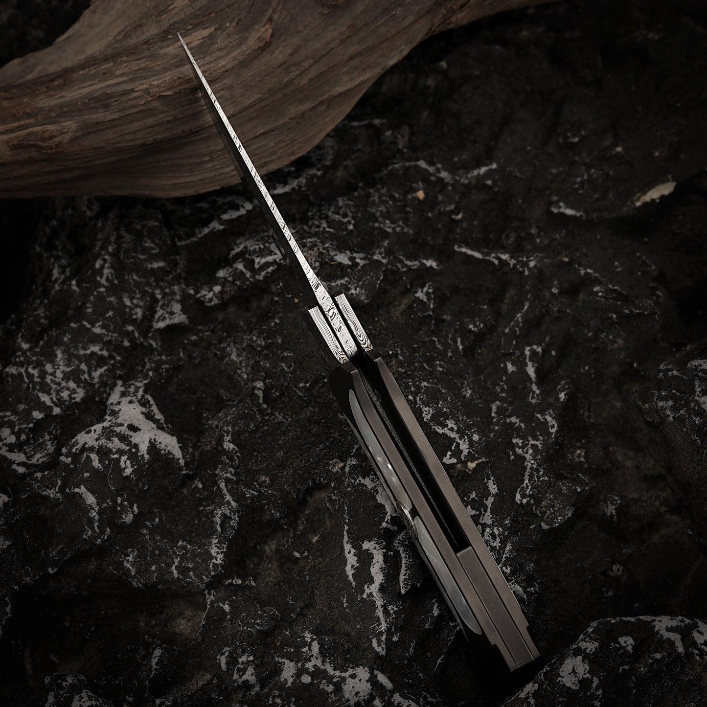 Custom Liner Lock Knife Damasteel Inlaid with Mother of Pearl