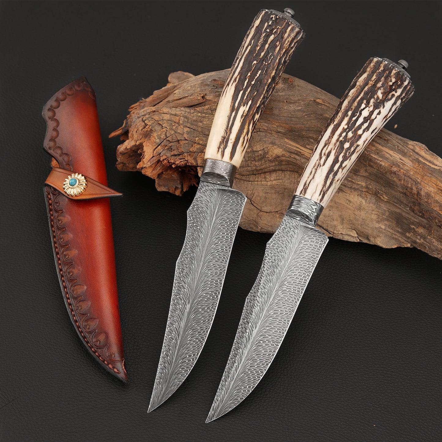 Custom Hunter in Feather Damascus with Buckhorn