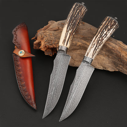 Custom Hunter in Feather Damascus with Buckhorn