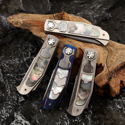 Custom Button Lock Folding Knife Forged Damascus Steel