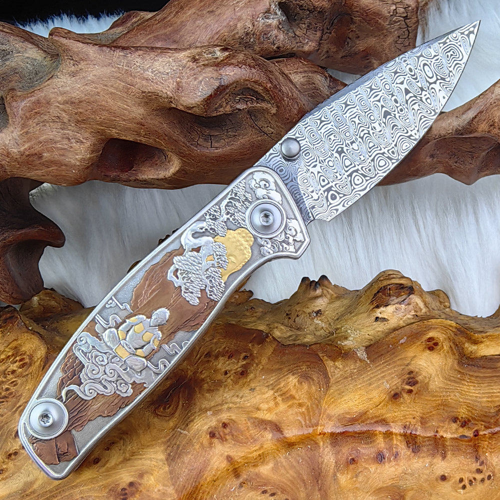 WUKONG Hand-engraved Pocketknife with 24K Gold Inlays and Damasteel Blade