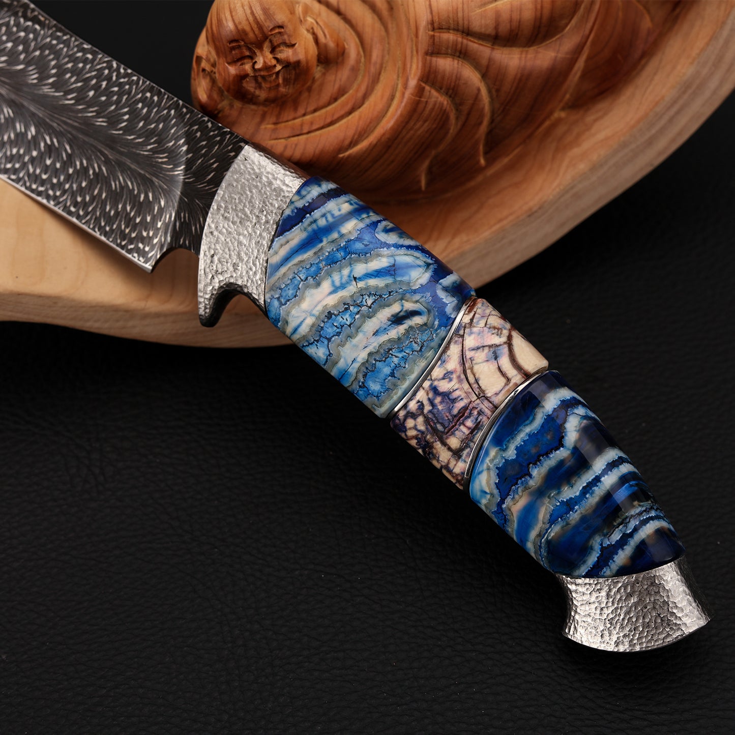 Forged Feather Damascus Steel Bowie Knife (6" Mammoth Tusks)