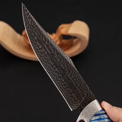 Forged Feather Damascus Steel Bowie Knife (6" Mammoth Tusks)
