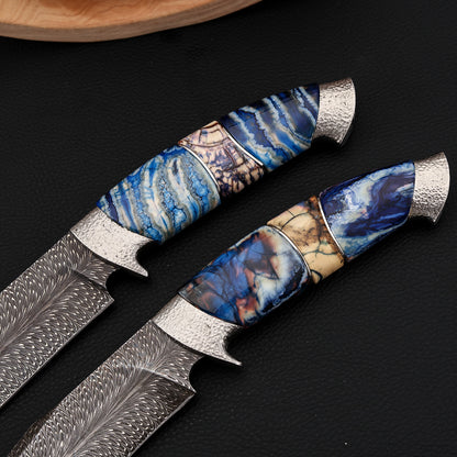 Forged Feather Damascus Steel Bowie Knife (6" Mammoth Tusks)