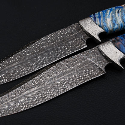 Forged Feather Damascus Steel Bowie Knife (6" Mammoth Tusks)