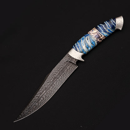 Forged Feather Damascus Steel Bowie Knife (6" Mammoth Tusks)