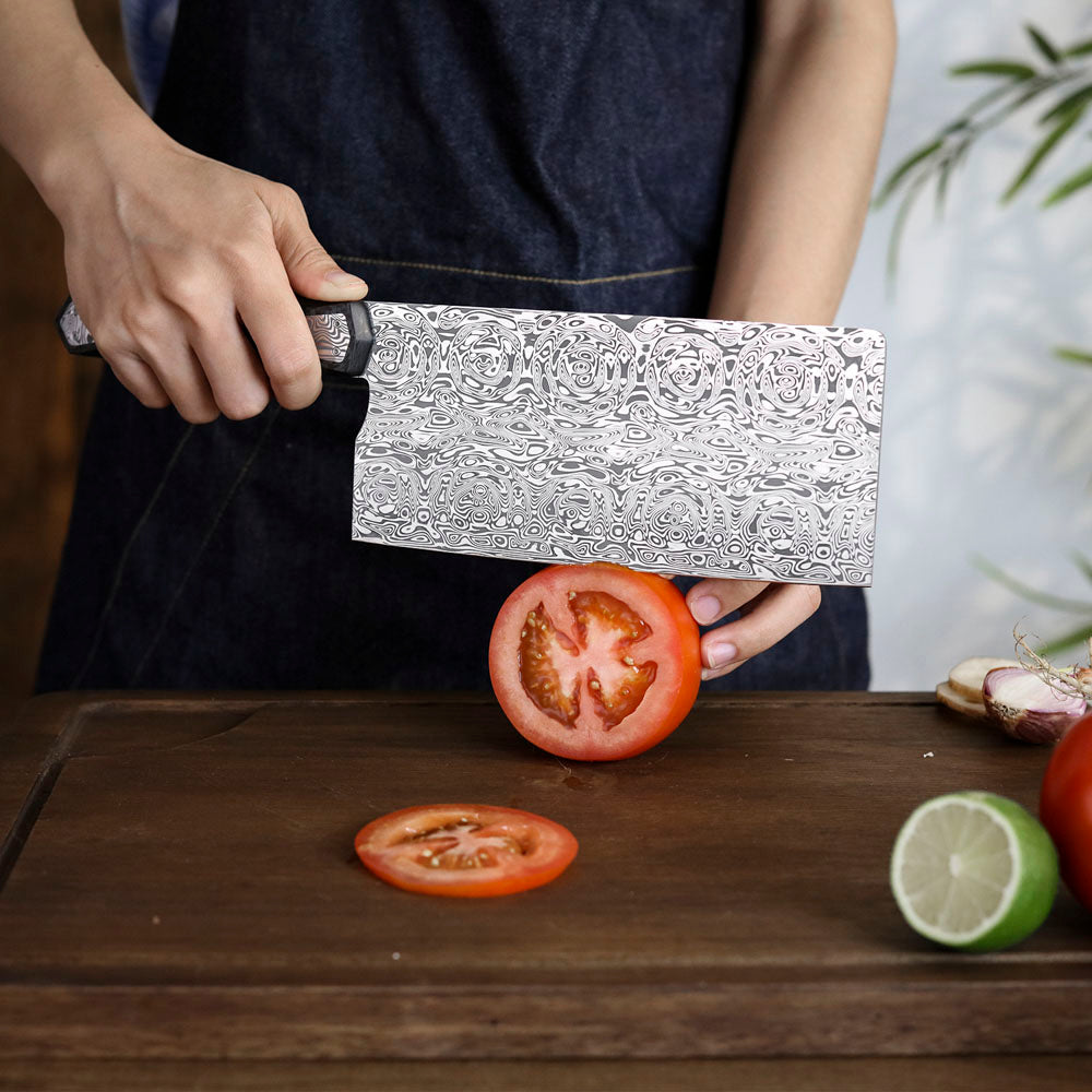 7.4" Cleaver Knife in Damasteel with Carbon Fiber